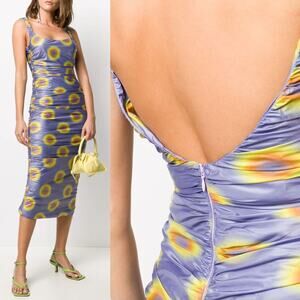 Maisie Wilen | Lady Miss Purple Yellow Ruched Low Back Polka Dot Midi Dress M